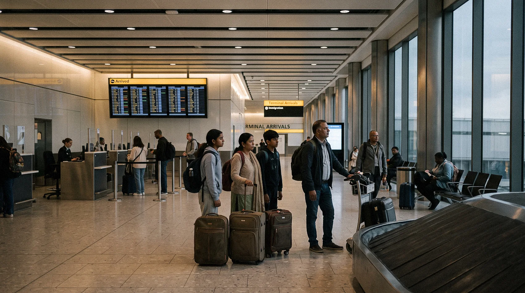 South Asian migrant family waiting at Heathrow Terminal Arrivals baggage reclaim with luggage after arriving in UK