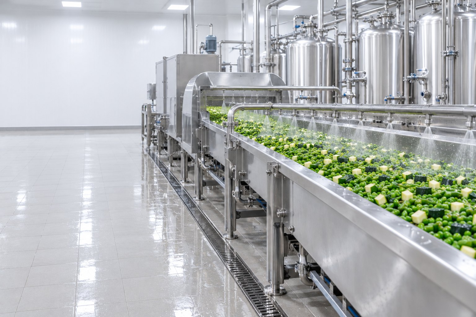 Vegetable processing line in a food factory