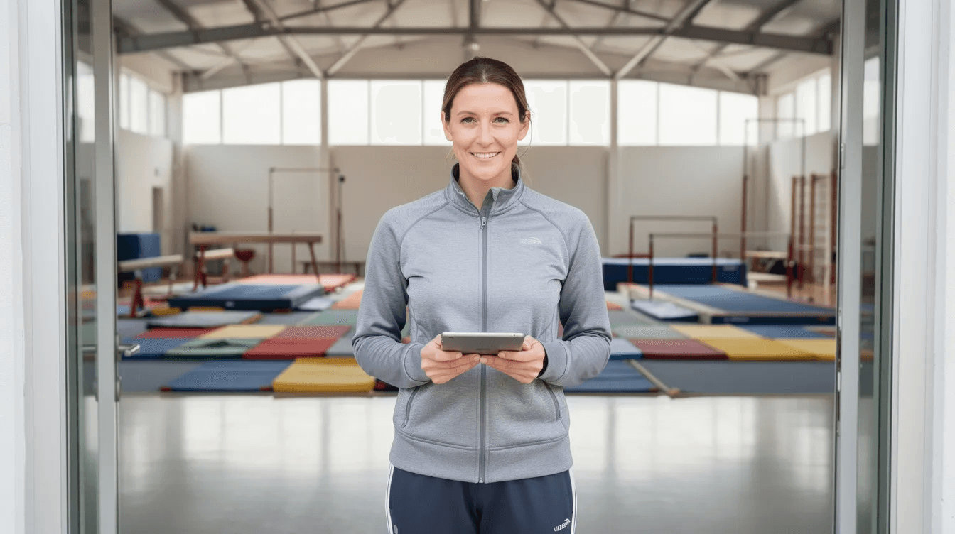 An instructor stands at the entrance of a gymnastics studio, holding a tablet while surrounded by colorful mats and various gymnastics equipment in the background. This setting highlights the importance of effective class scheduling and booking software for managing classes and ensuring a smooth experience for both instructors and students.