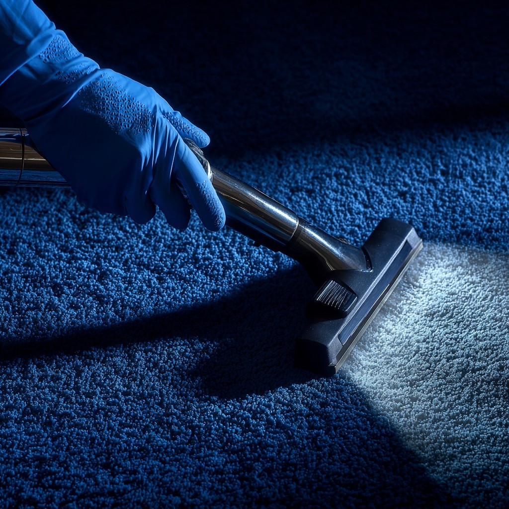 A person wearing bright green gloves is cleaning a surface with a cloth and a spray bottle.