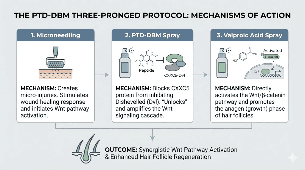 PTD-DBM three-pronged hair restoration protocol diagram