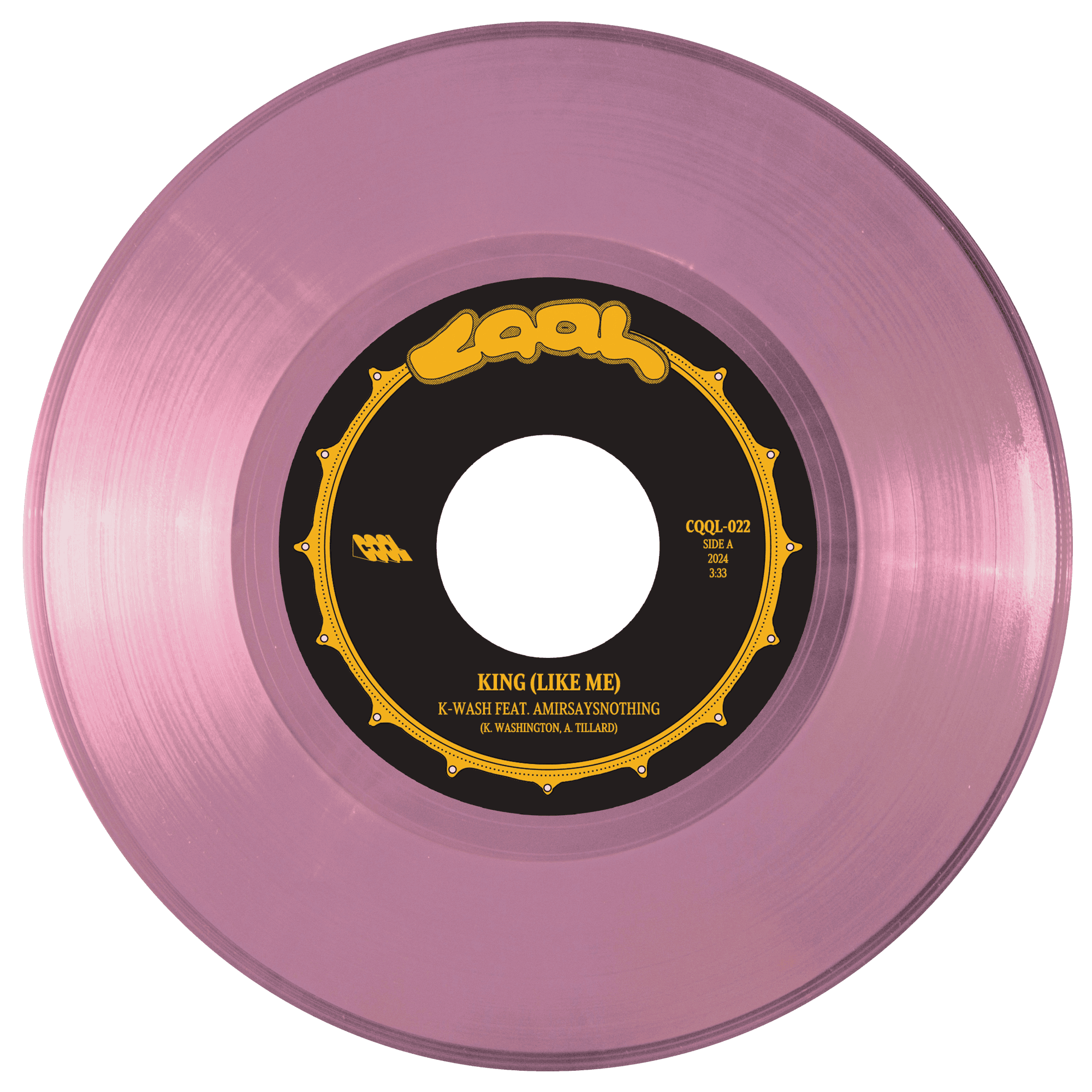 Pink vinyl record with a black label on a white background