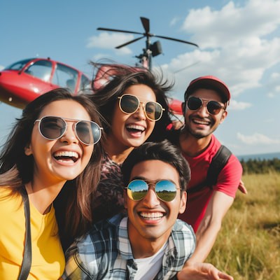 Photo of friends outside with a helicopter in the background