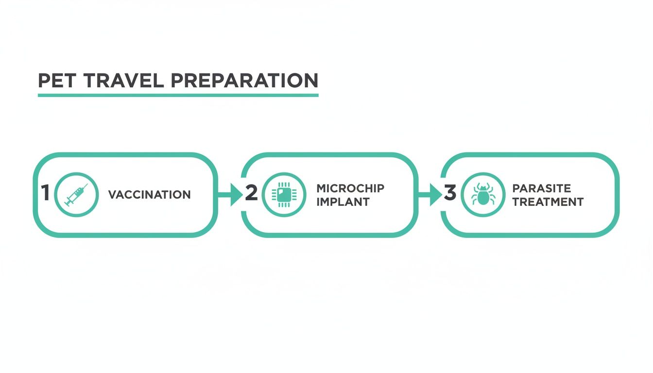 A three-step flowchart illustrating pet travel preparation: vaccination, microchip implant, and parasite treatment.