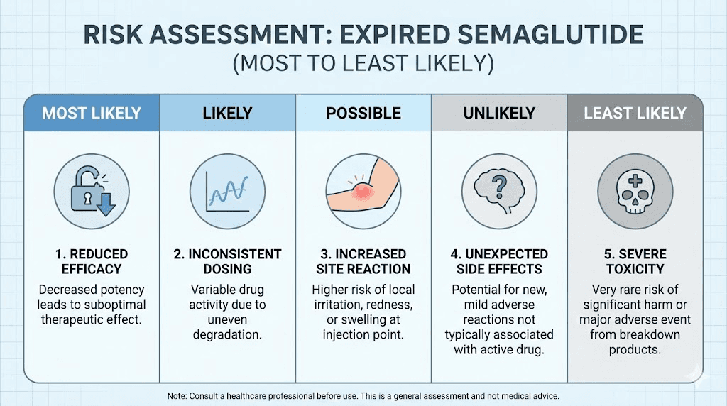 Expired semaglutide risk levels ranked from reduced potency to allergic reaction
