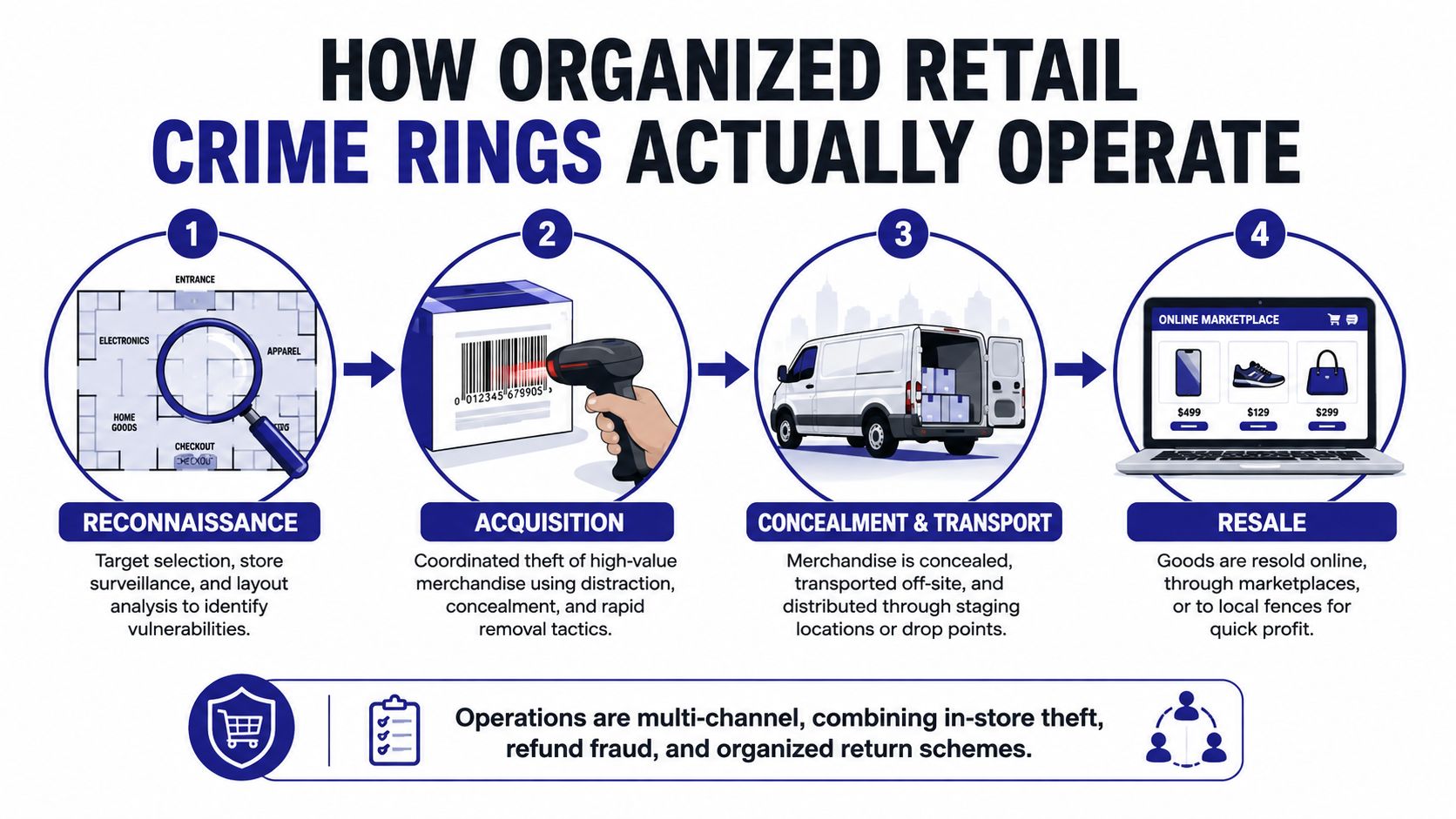A diagram outlining the four stages of organized retail crime from reconnaissance to online resale.