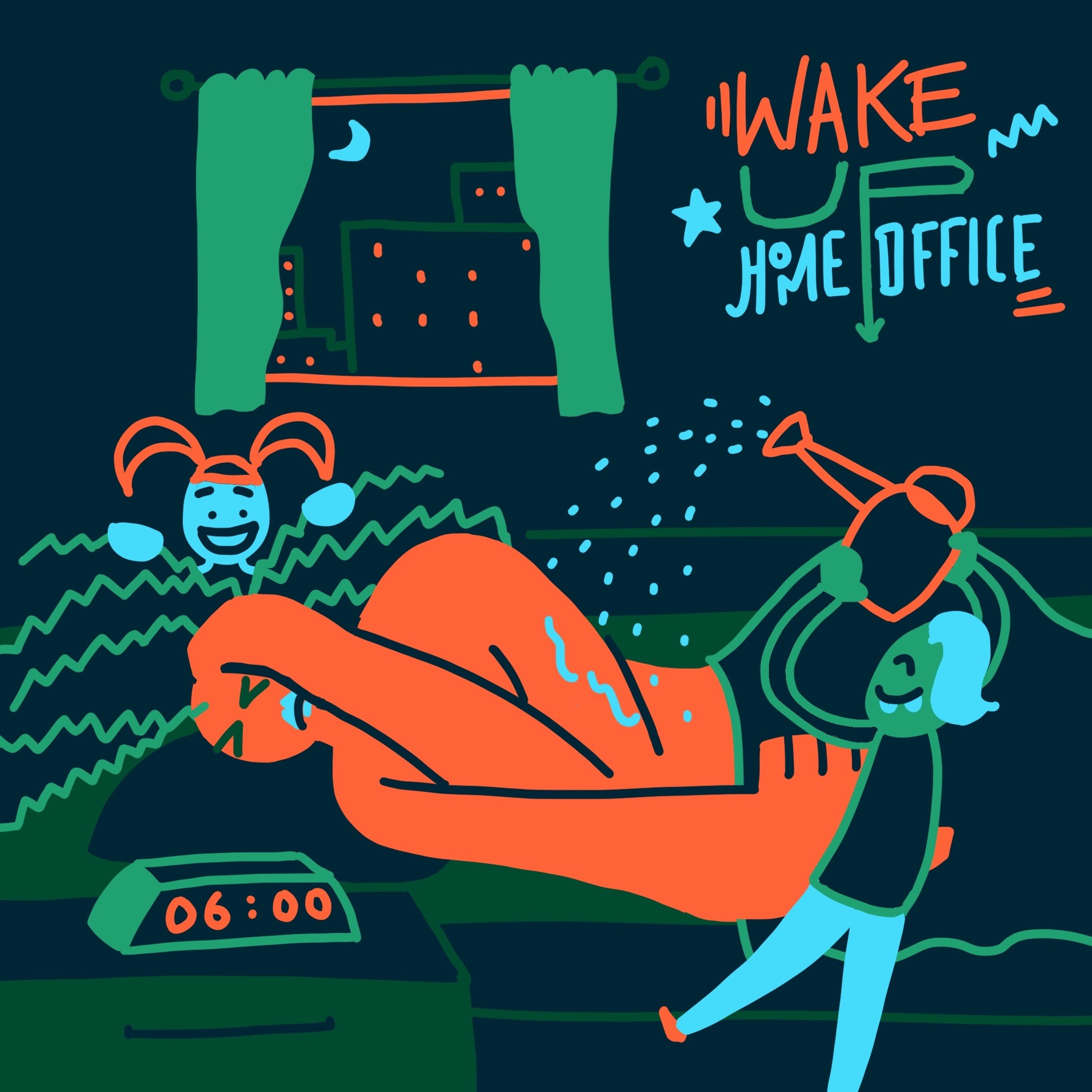 Funny illustration about sleeping in the morning when you have kids that wake you early in the morning.