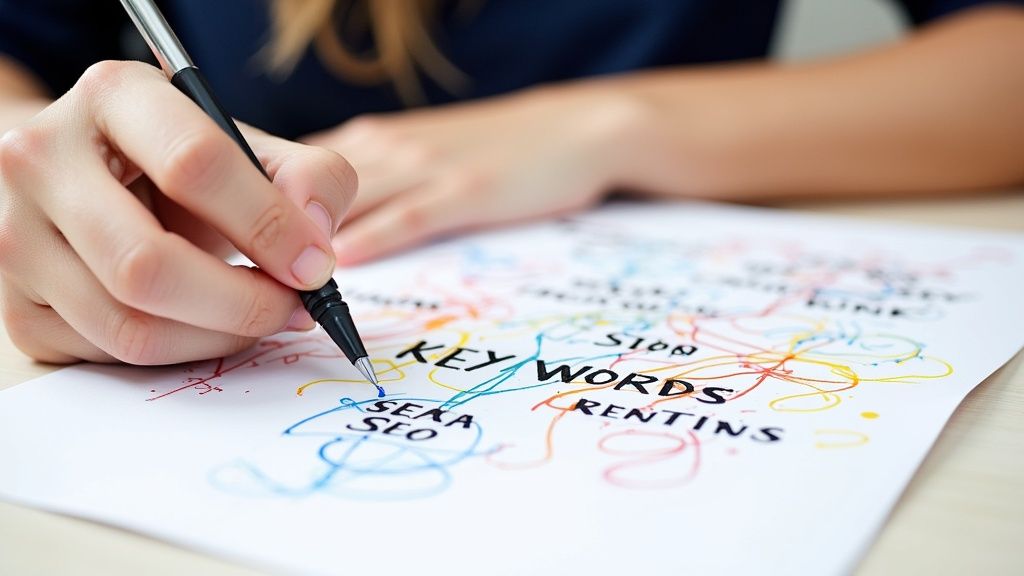 A person writing on a laptop, with keyword ideas on sticky notes around the screen.