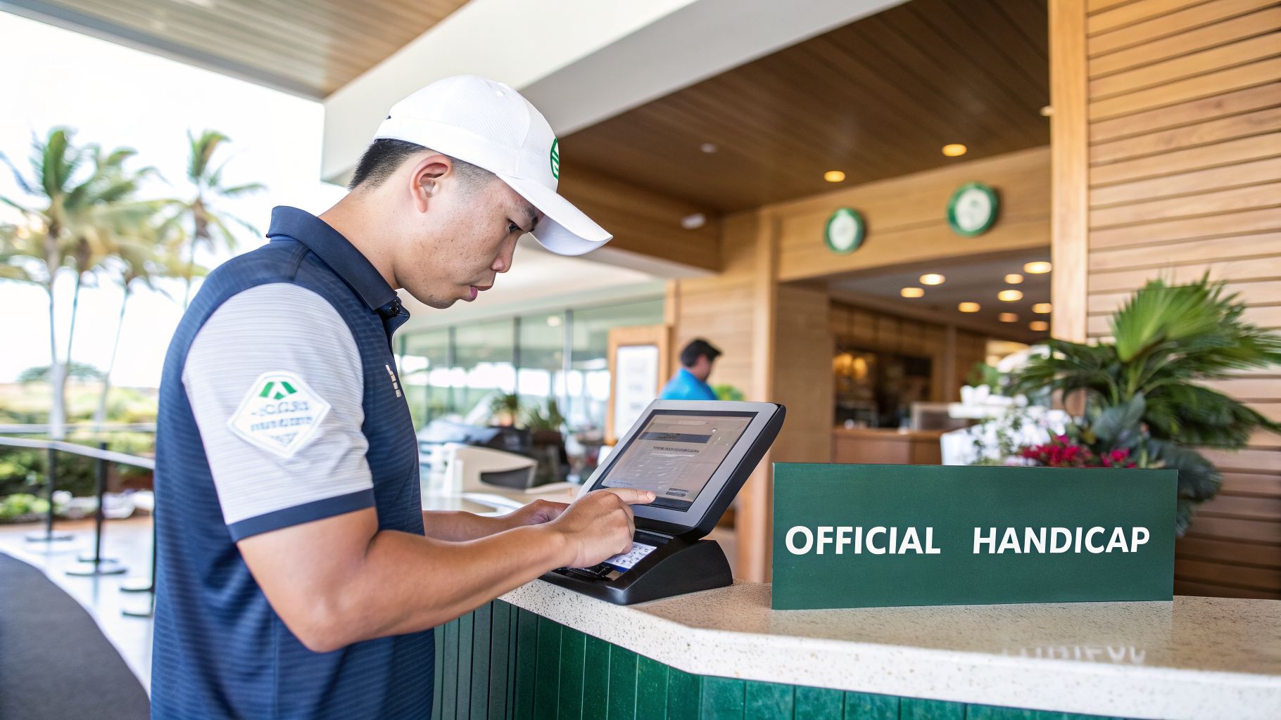 A man in a golf uniform uses a digital kiosk next to an 'Official Handicap' sign at a golf club.