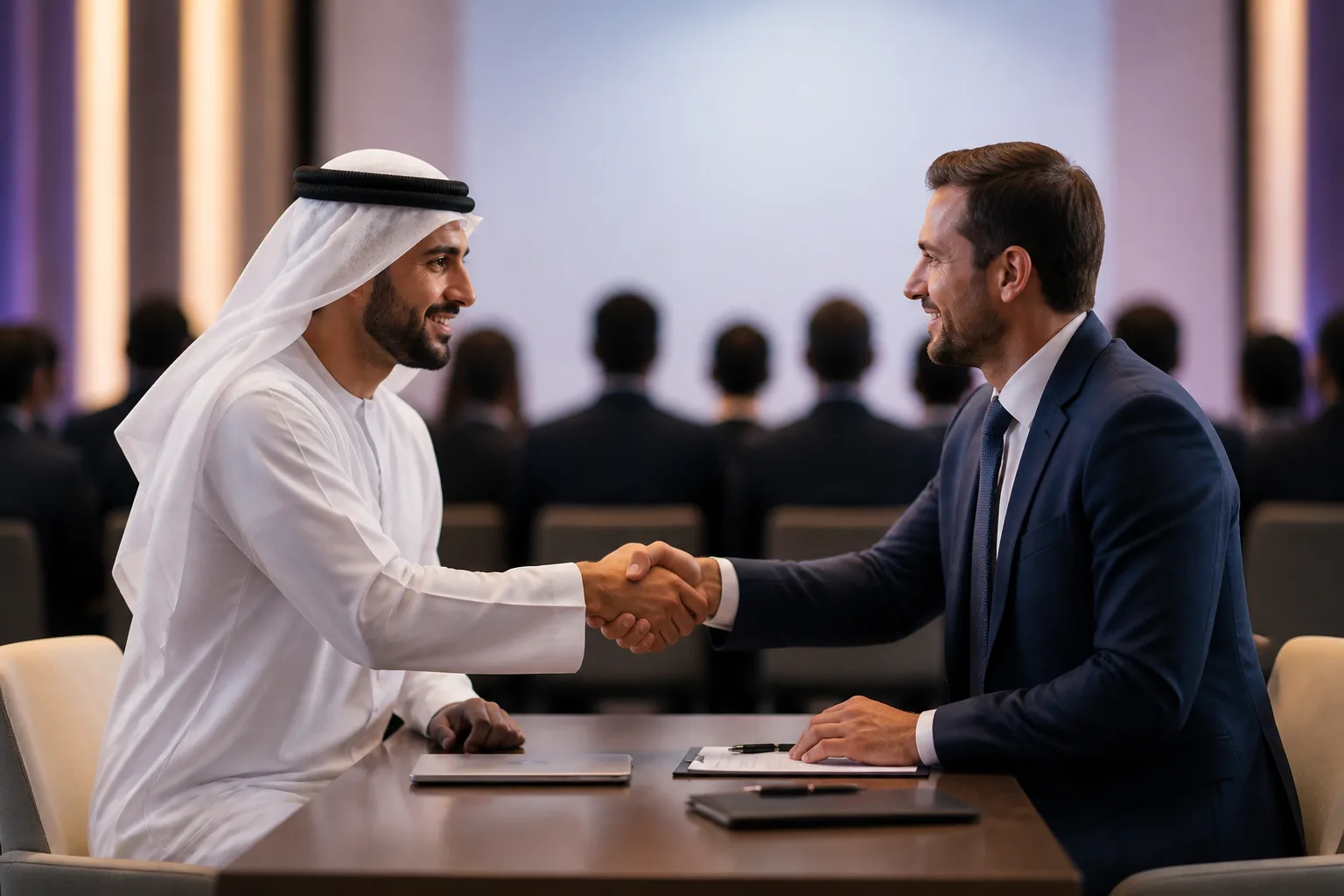 Joint Venture Setup in Dubai beside a Dubai trade license document and a modern office