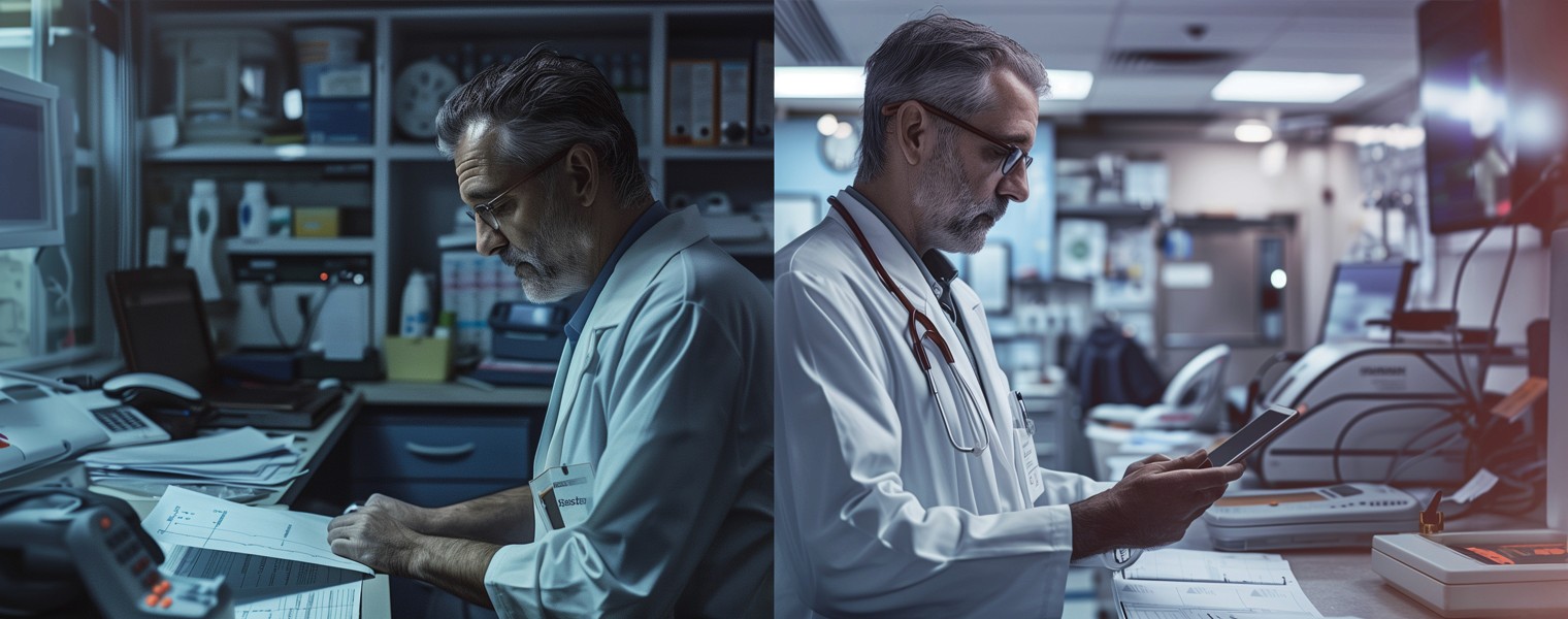 Split image: On the left, a physican suffers from burnout. On the right, that physician works with AI agents on a tablet.