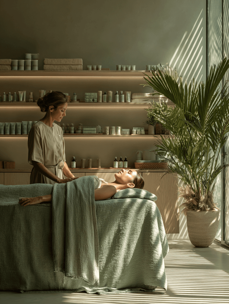 A woman lying on a massage bed, illuminated by soft sunlight streaming through a nearby window. A lush green plant in the background enhances the peaceful and rejuvenating ambiance.