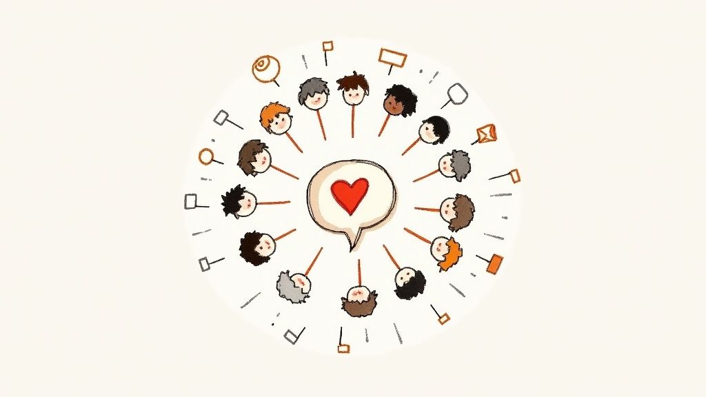 Cartoon people's heads in a circle facing a heart in a speech bubble, surrounded by communication icons.