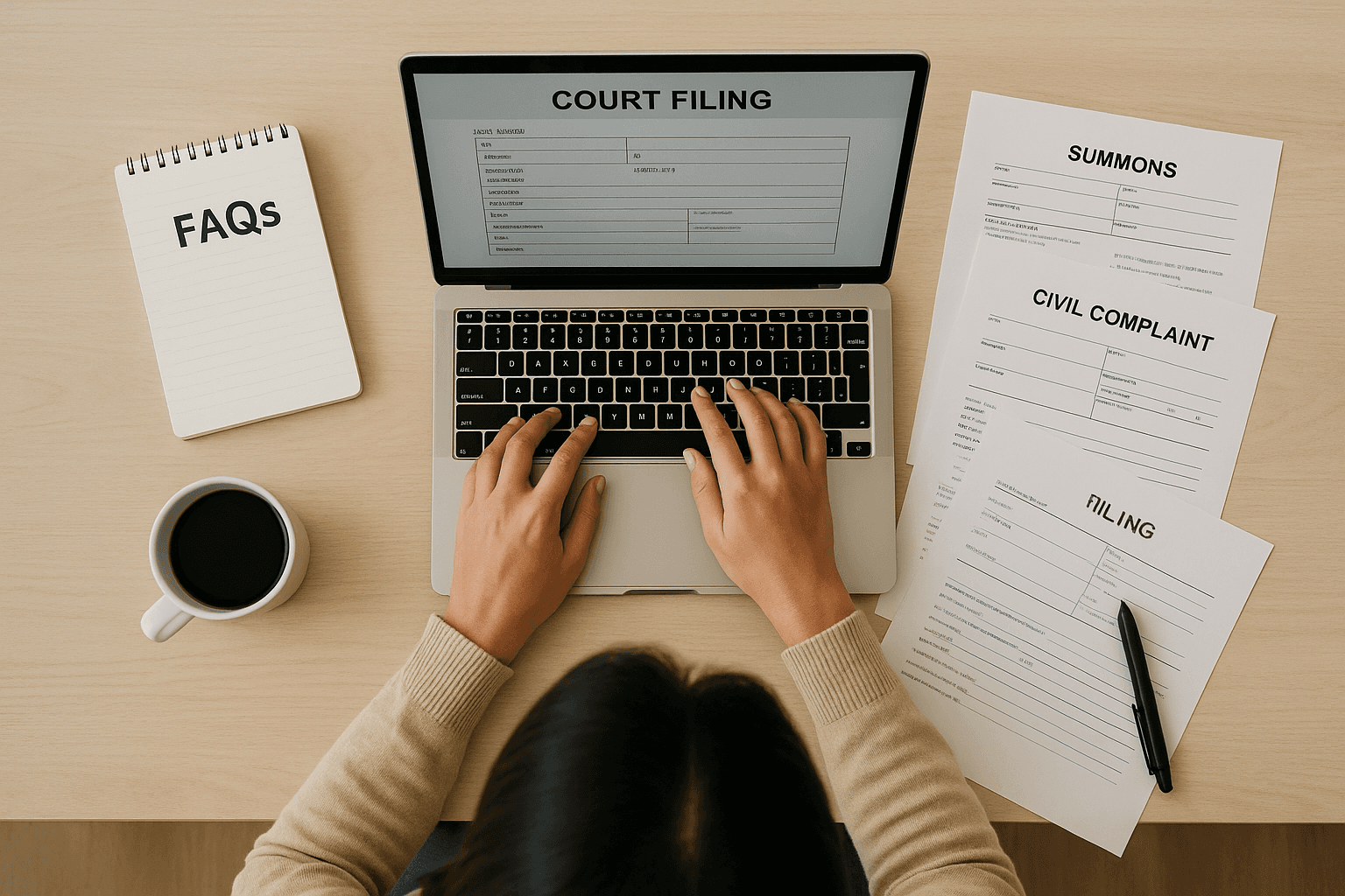 Person researching common small claims court questions on a laptop.