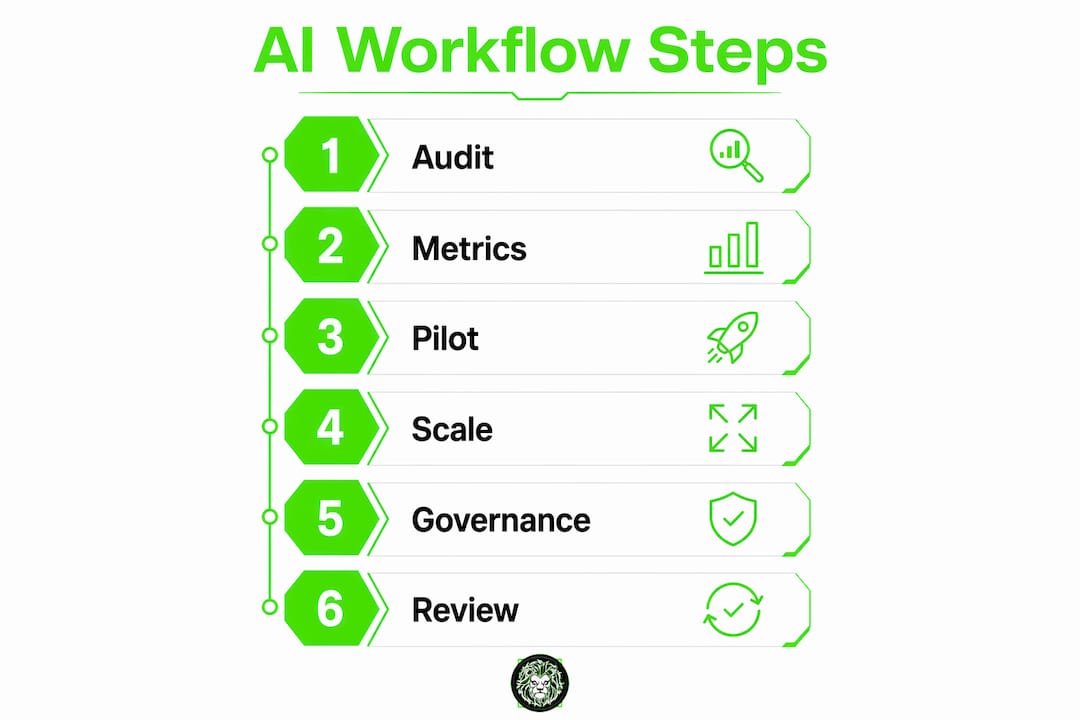 Infographic showing six practical AI workflow steps