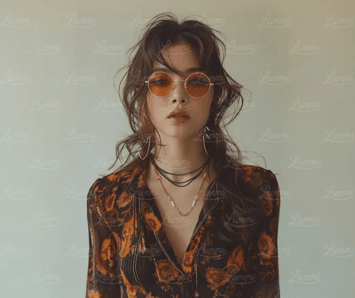 A woman with tousled brown hair wears round orange sunglasses and a floral-patterned blouse. Her expression is neutral, conveying a vintage vibe.