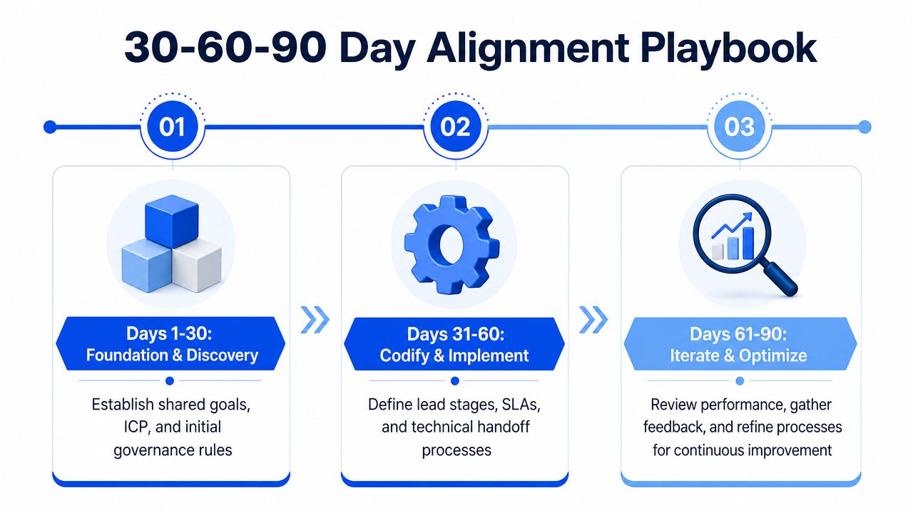 A 30-60-90 day alignment playbook infographic outlining strategic phases for sales and marketing business processes.