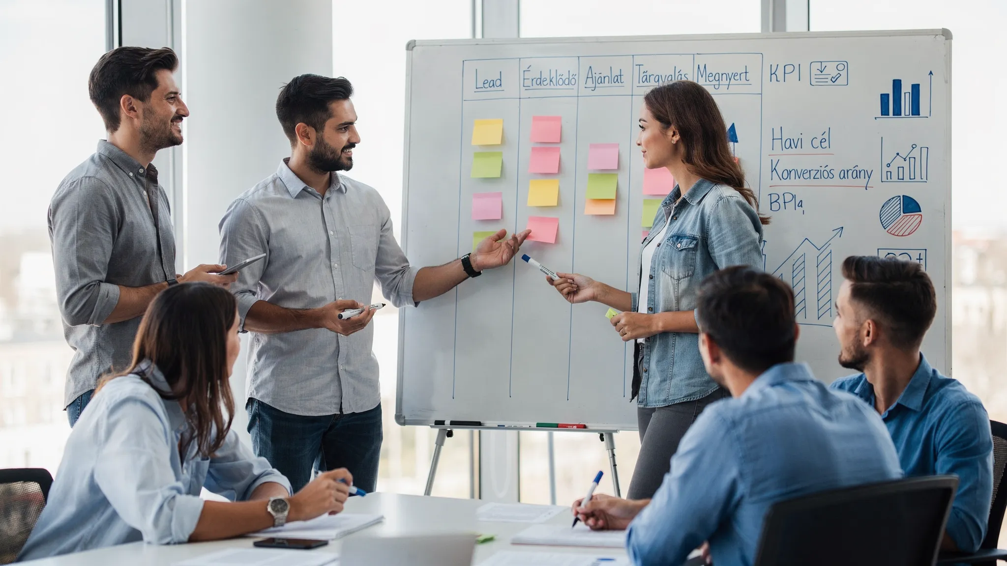 Egy kisvállalati csapat közös megbeszélésen egy táblánál, ahol egyszerű sales pipeline oszlopok és KPI-k szerepelnek, mellette egy pénzügyi áttekintést jelző ikonok.
