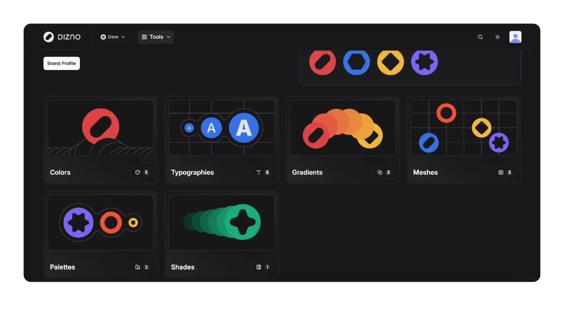 Dizno dashboard showing centralized brand kit with colors, fonts, and visual assets