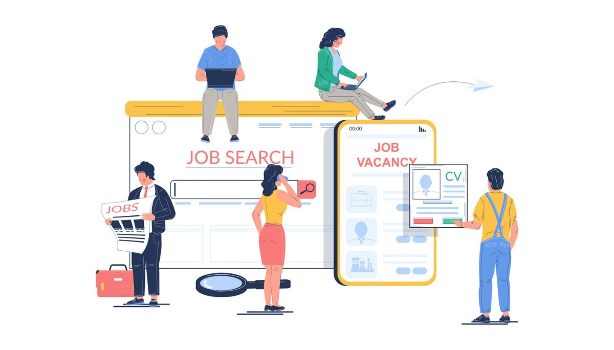 Illustration of diverse individuals using laptops, phones, newspapers, and mobile apps labeled “JOB SEARCH” and “JOB VACANCY”.