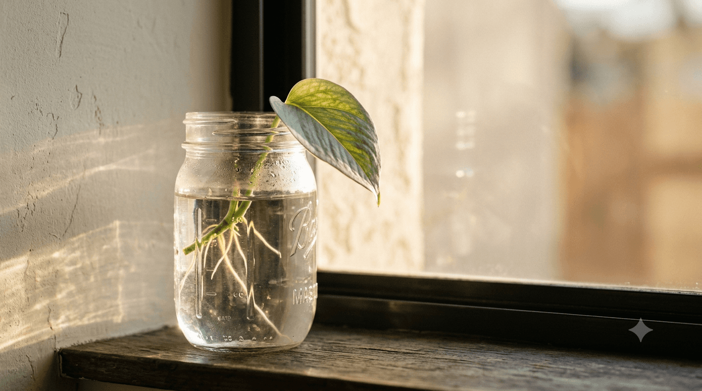 A pothos cutting rooting in a jar of water on a sunlit windowsill, its roots and one leaf glowing in warm late light.