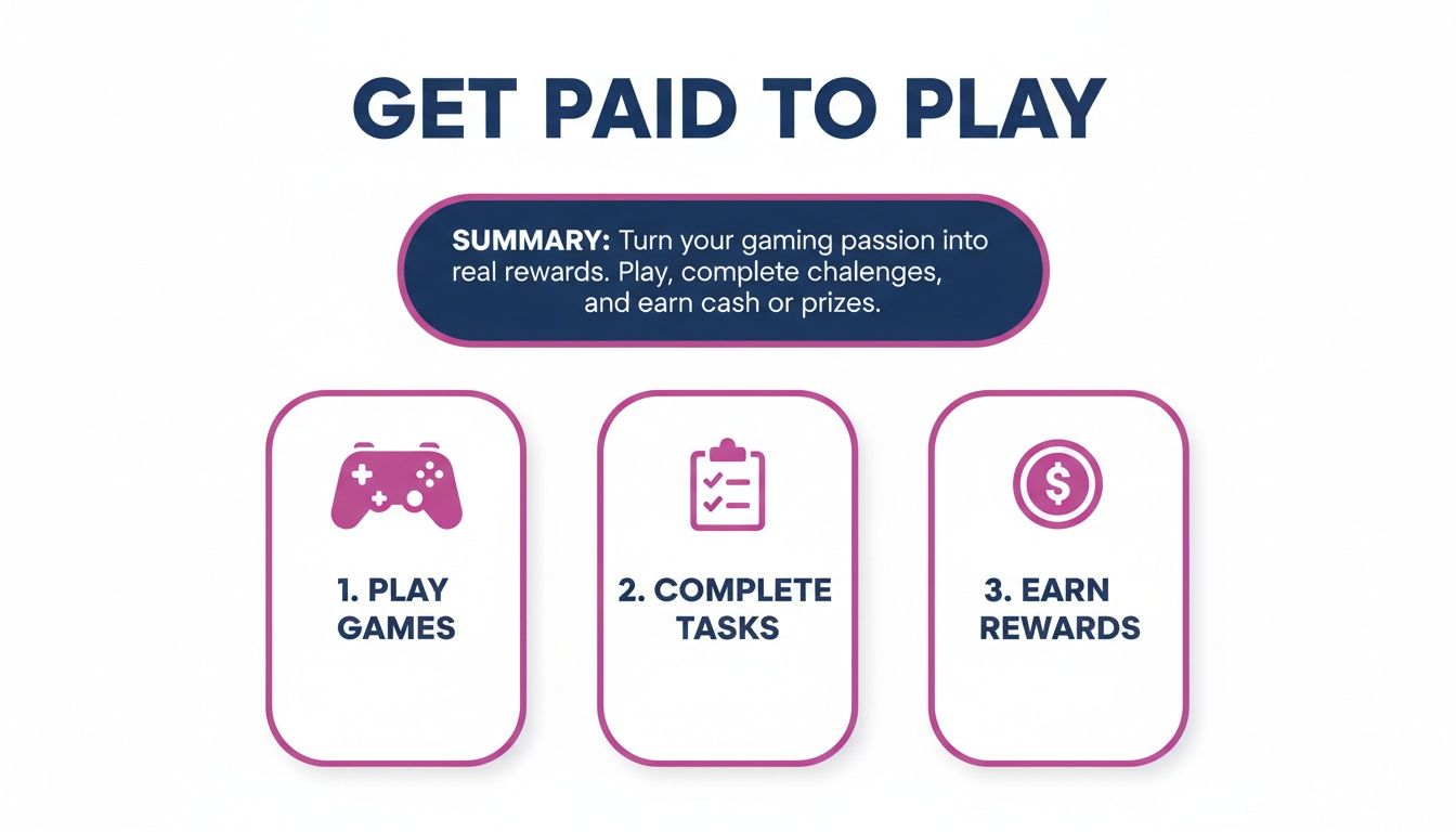 An infographic detailing how to get paid to play games, outlining steps to play, complete tasks, and earn rewards.
