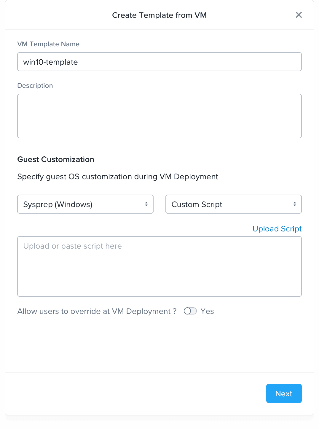 Creating a VM Template (pop-up)