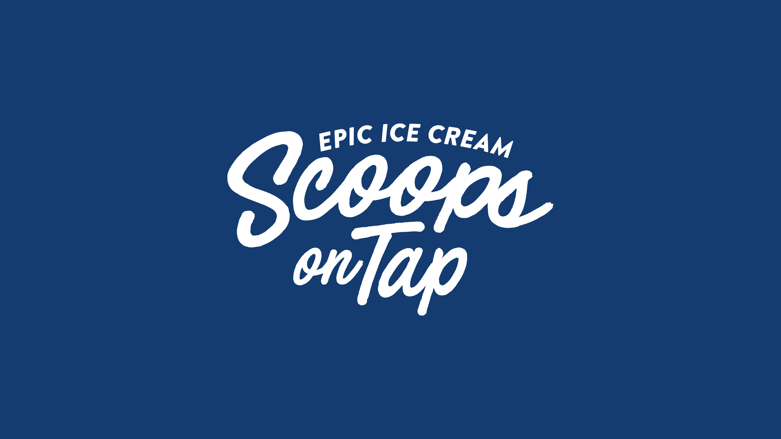 Scoops On Tap script logo in white on blue background
