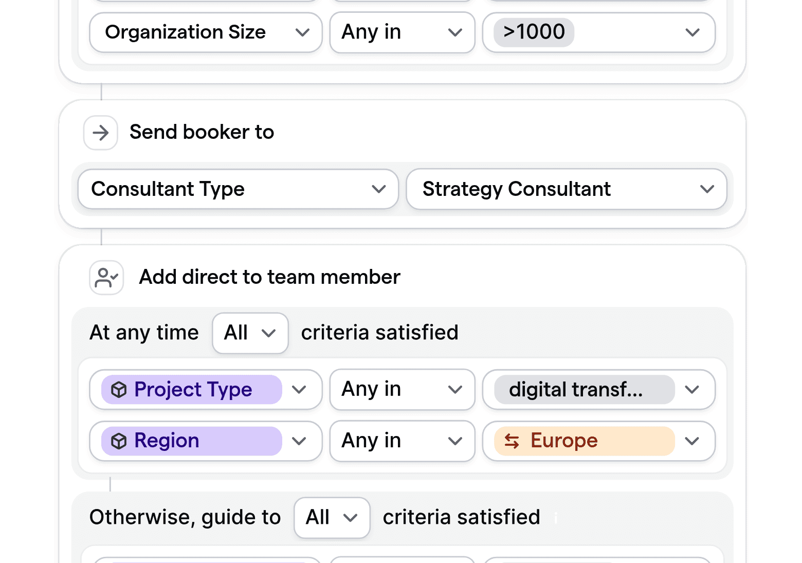 Customizable routing logic for consulting agencies with rules for project type, region, and organization size.