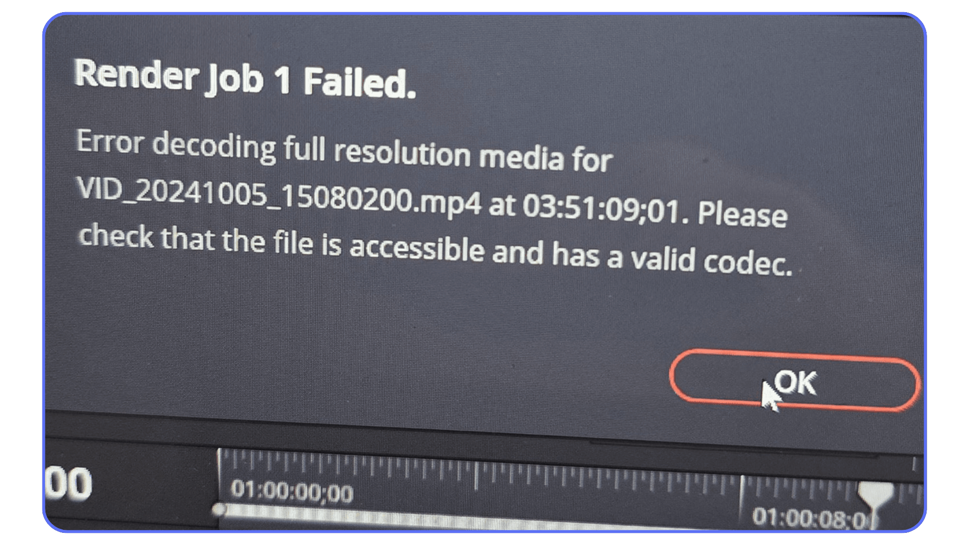 DaVinci Resolve render error stating “Render Job 1 Failed” due to a corrupted or unreadable video file.