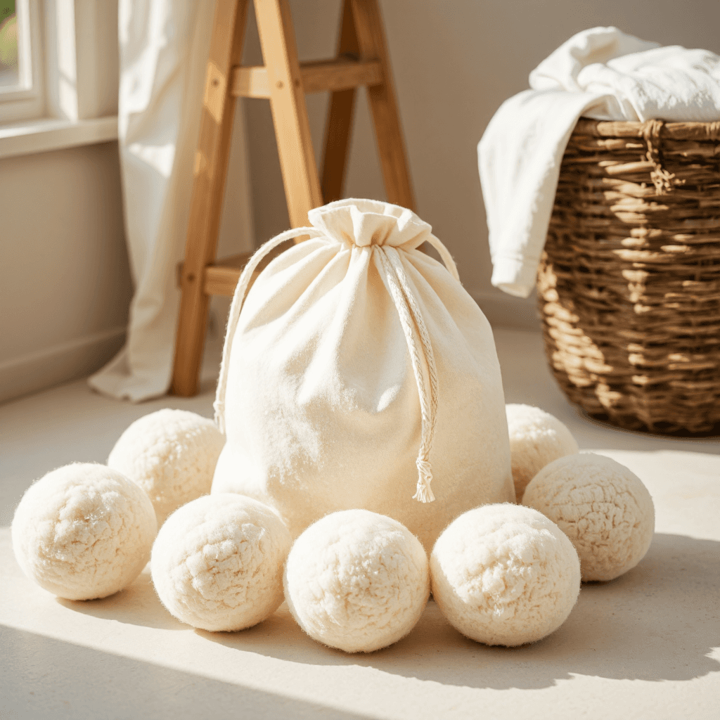 product photography of a bag of wool dryer balls used for laundry