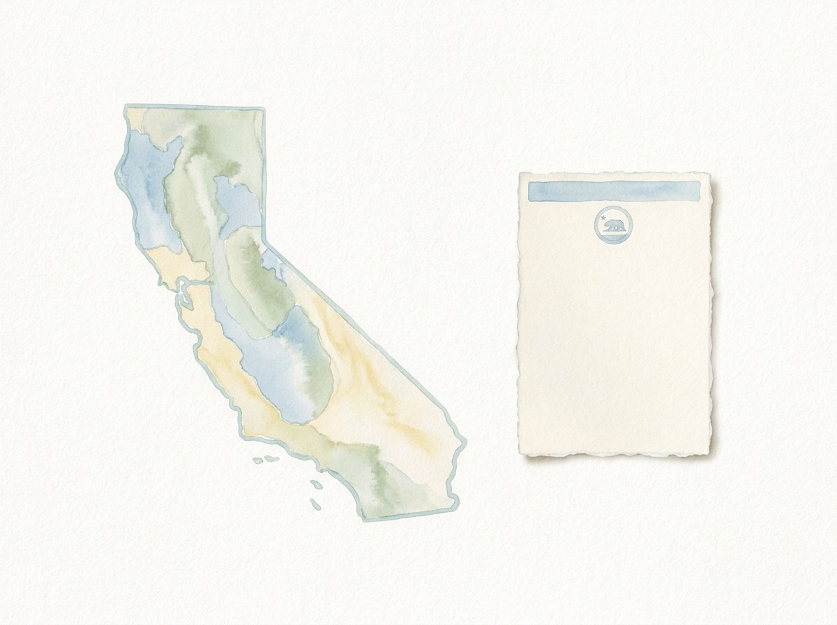 Watercolour of the California state outline beside a blank official notice page.