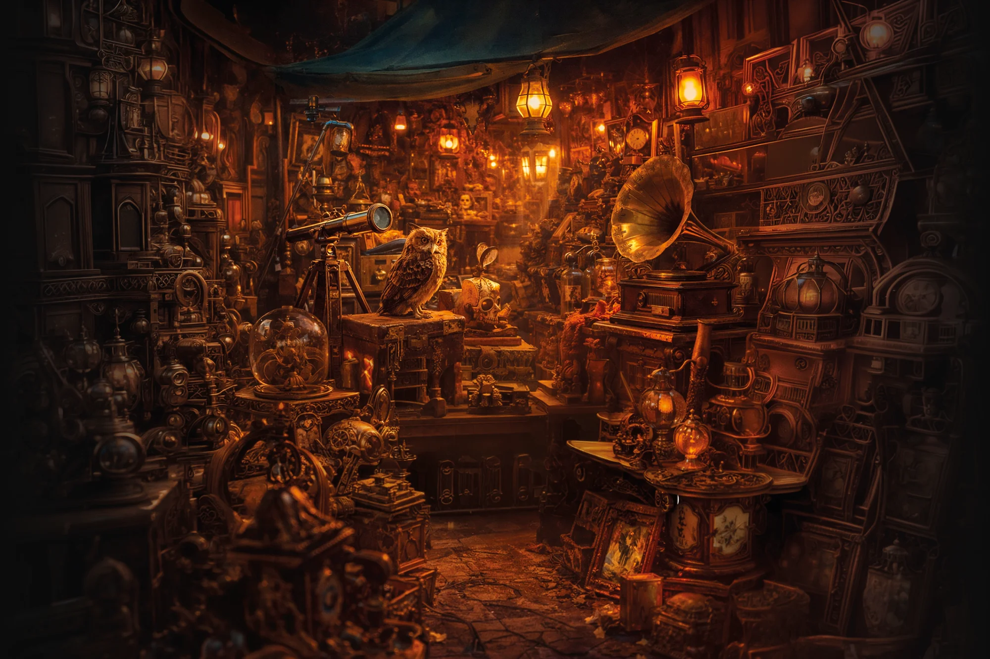 Décor vintage de la chambre BrocanTyule des curiosités inspiré d’un cabinet de curiosités au gîte La Tuilerie du Cinéaste