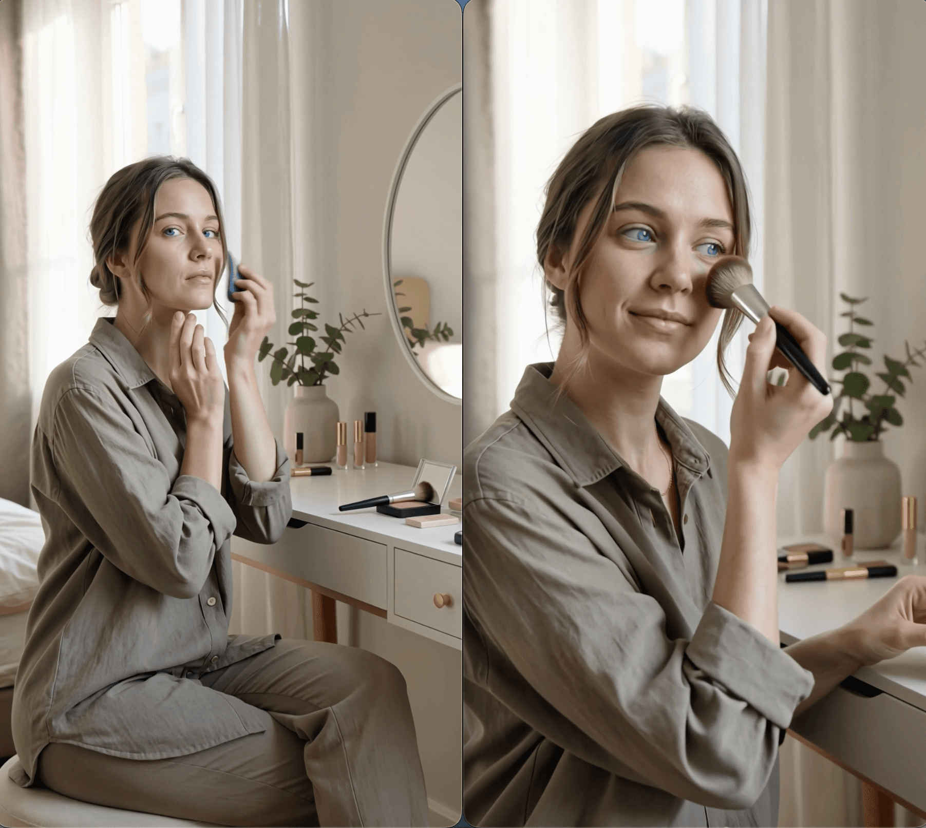 Vidéo finale générée par IA montrant un avatar de beauté se maquillant devant une coiffeuse.