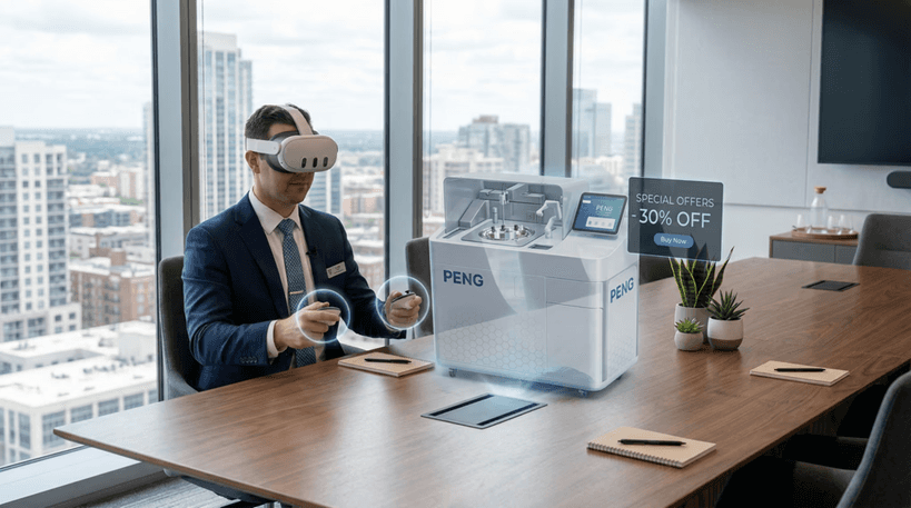 Business professional experiencing a medical analyzer digital twin in VR
