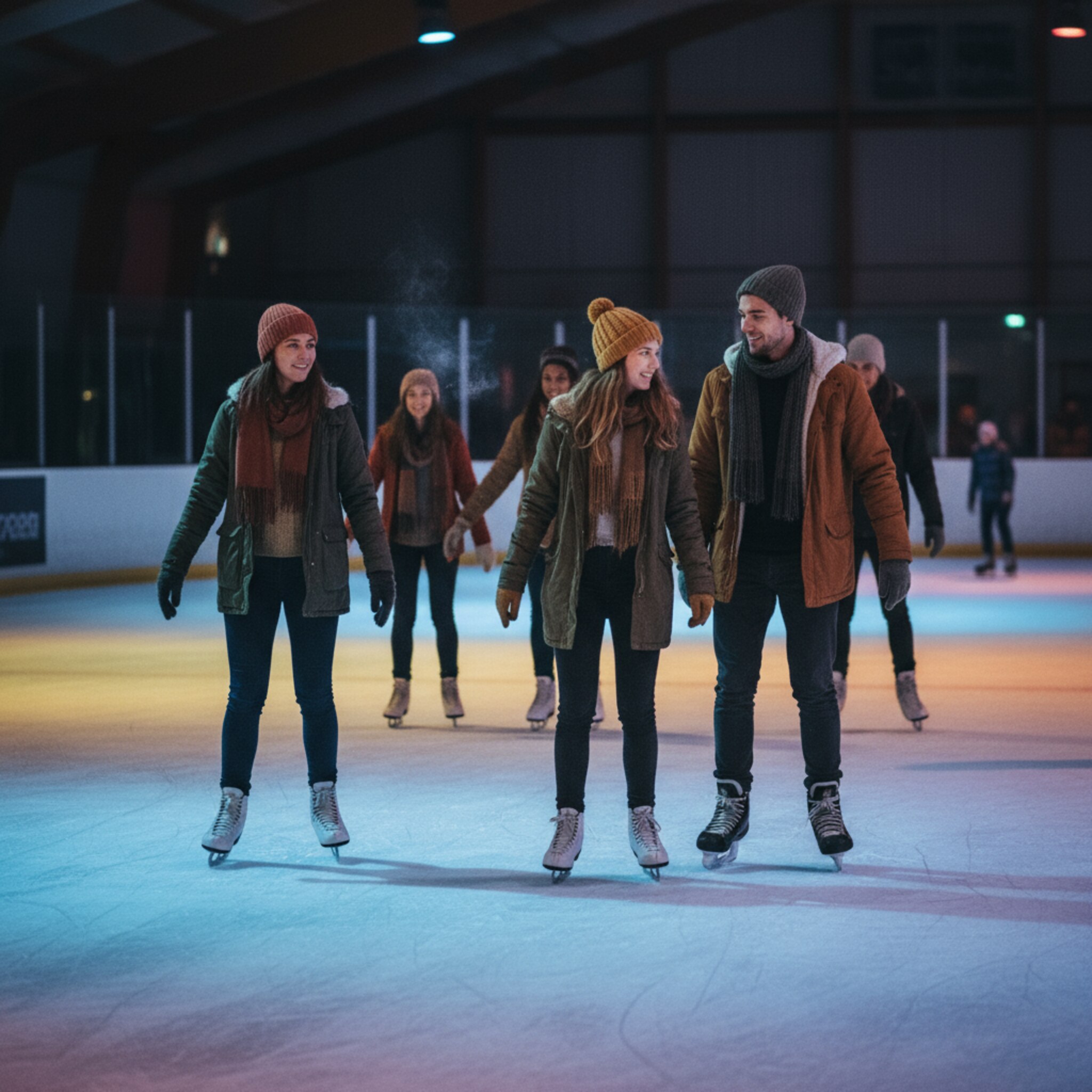 Bunte Lichter tanzen über das Eis, während eine Gruppe junger Leute im Takt nebeneinander fährt. Gelächter hallt in der Halle, kleine Schneekristalle sprühen bei jedem Stopp. Ein Paar hält sich an den Händen, atmet sichtbar in die Nachtluft. Die Atmosphäre ist lebendig, aber angenehm geordnet.