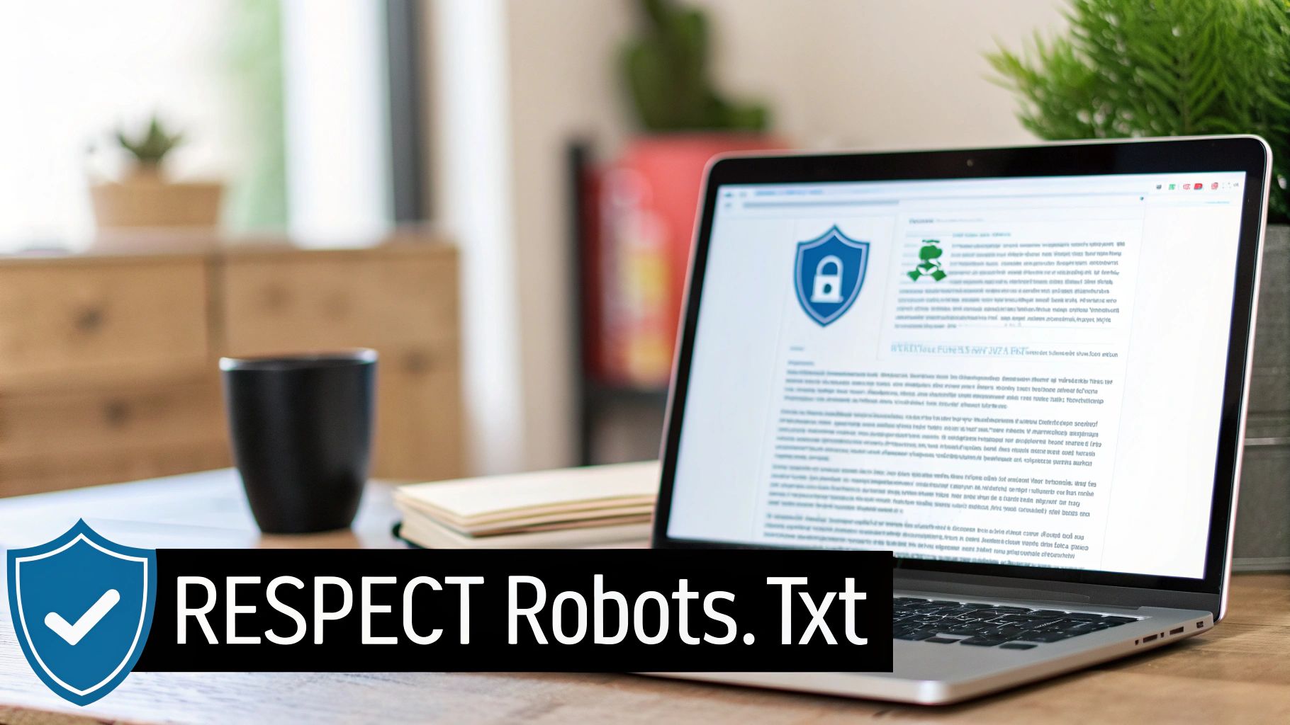 A laptop screen displays a security shield and the text 'RESPECT Robots.Txt', promoting safe web practices.