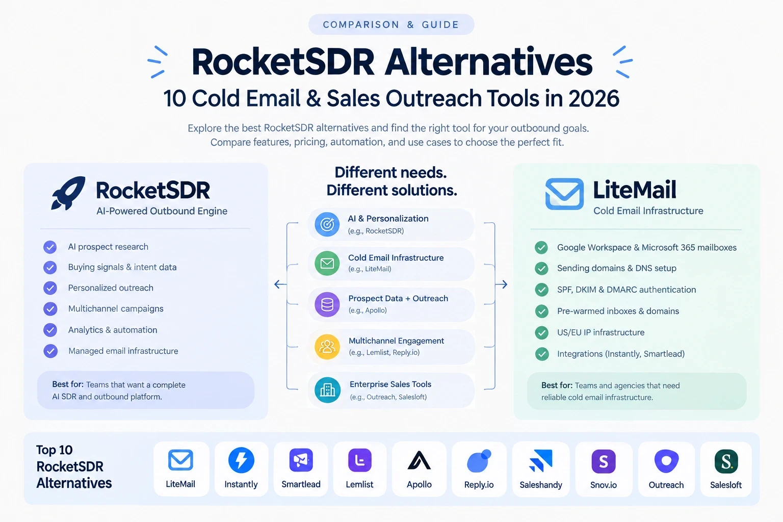 RocketSDR alternatives comparison showing LiteMail and other cold email and sales outreach tools