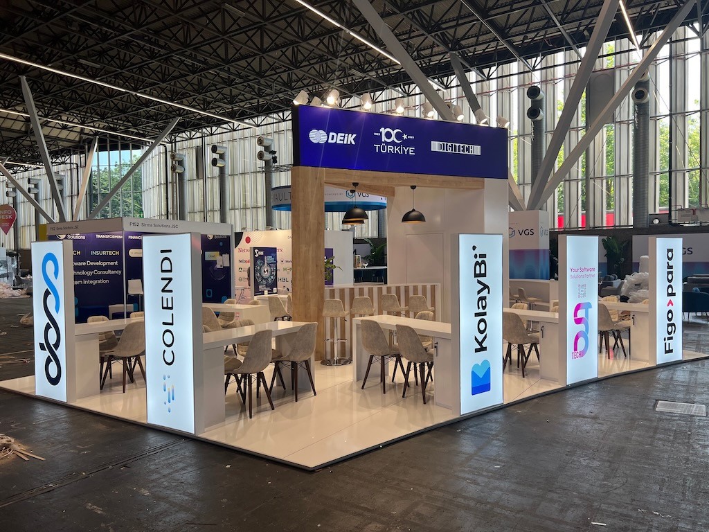 DEİK Turkish national pavilion at Money2020 2023 Amsterdam, featuring a large hanging banner and unified Turkish Pavilion identity.