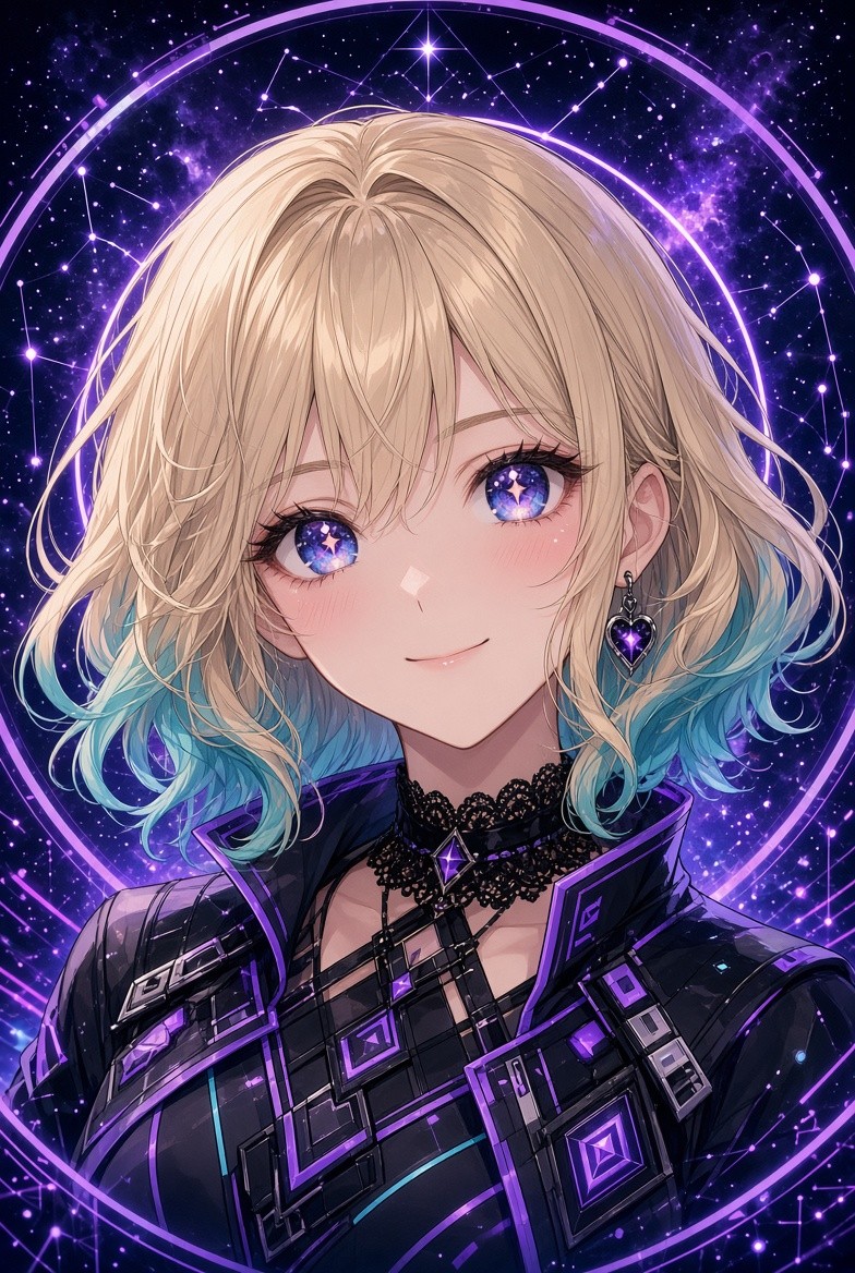 Hebe character portrait against a violet starfield