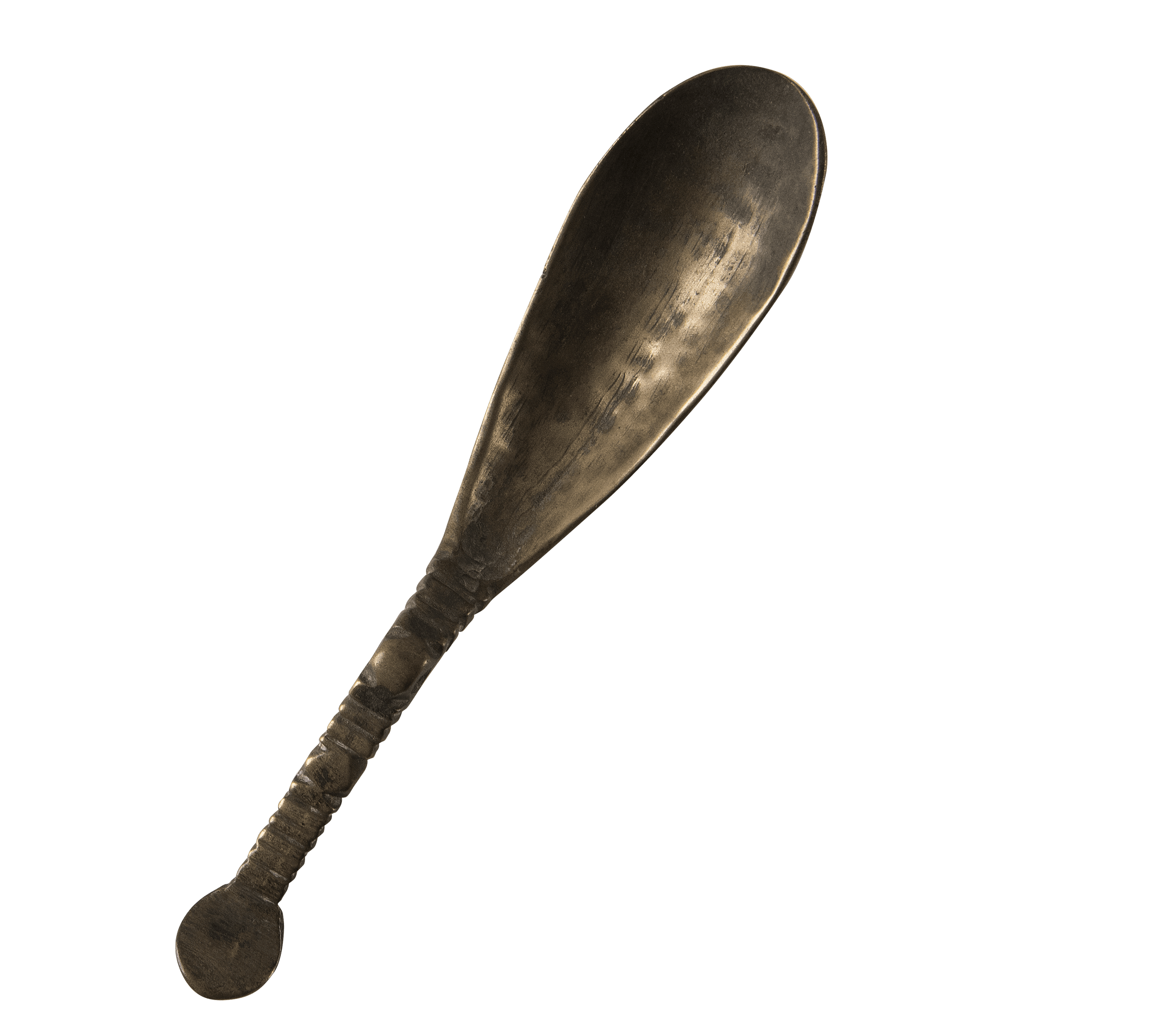 A simple, elongated wooden spoon with a smooth surface and rounded end, displayed against a solid background.