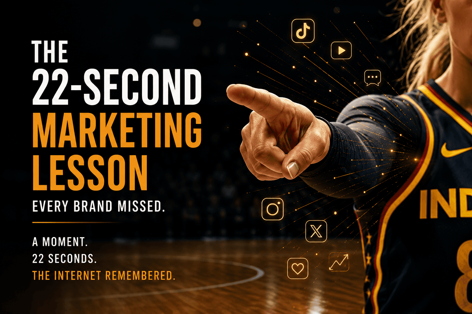 Editorial illustration of a basketball player pointing directly toward the viewer as glowing digital signals radiate into social media, video, search, and online conversation icons. The image represents how a single memorable moment can spread across the internet, generate earned media, and become lasting market memory.