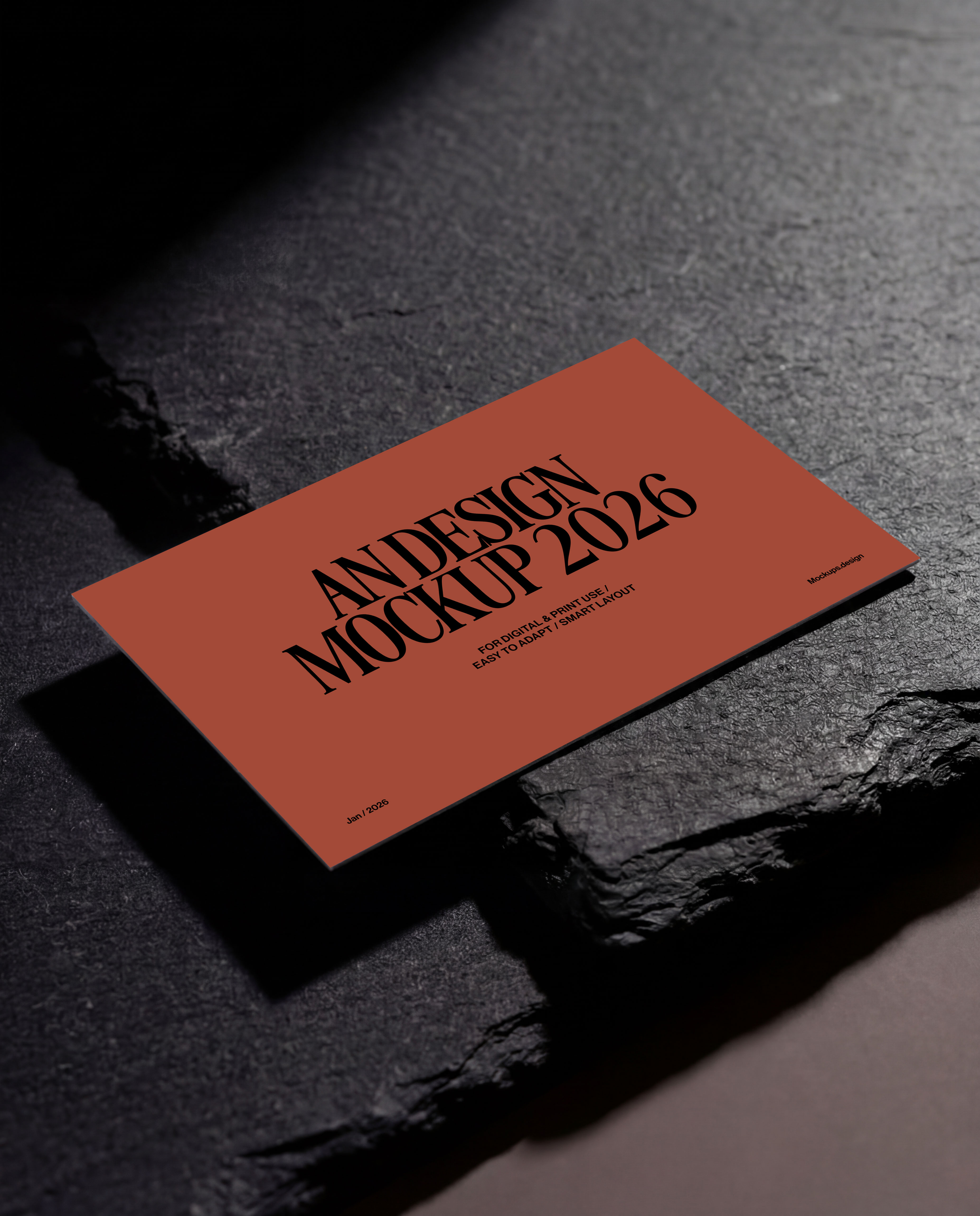 Business card mockup on dark rock surface, premium display