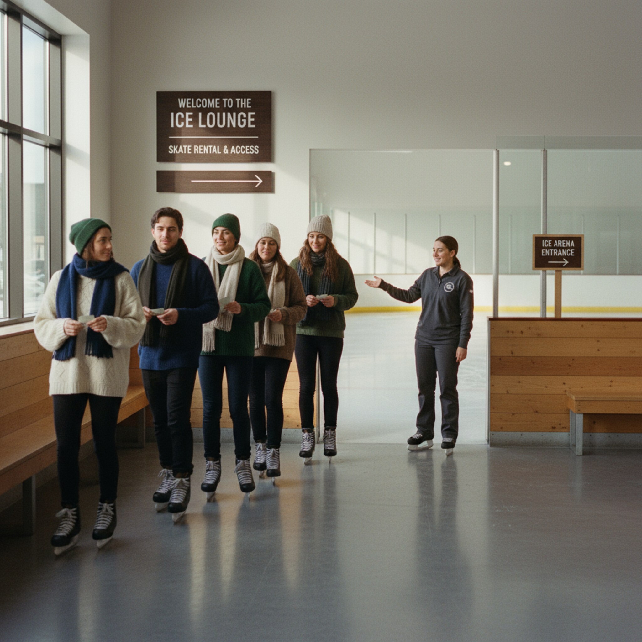 Eine kurze Schlange löst sich sichtbar auf, während Gäste mit kleinen Papierbelegen in der Hand zur Eisfläche gehen. Ein Hinweisschild zeigt unaufdringlich den Weg, eine Mitarbeiterin winkt die nächsten hinein. Die Stimmung ist ruhig, der Raum hell und klar strukturiert.