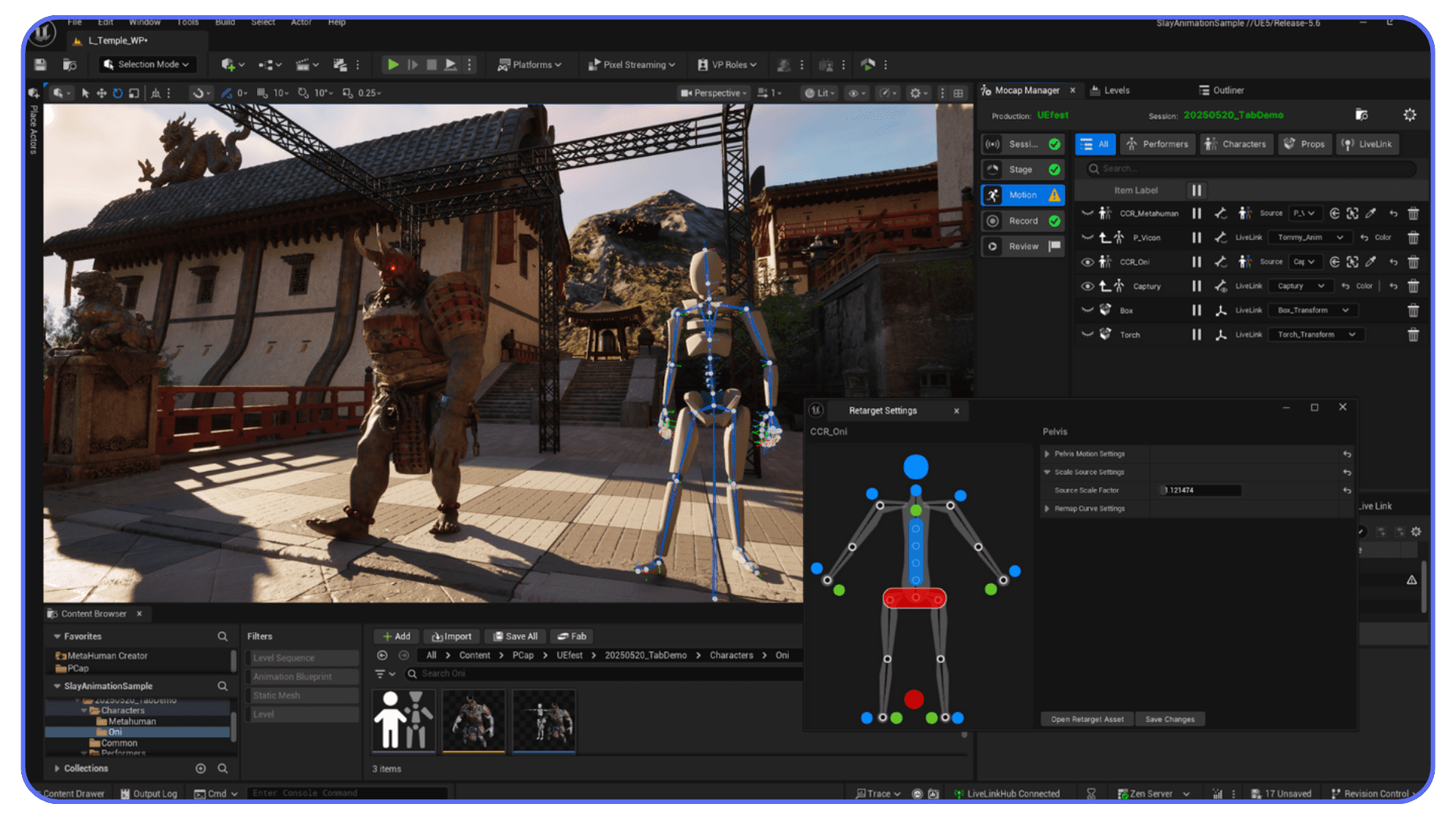 Unreal Engine animation retargeting interface showing a humanoid rig, mocap settings, and character preview inside the editor.