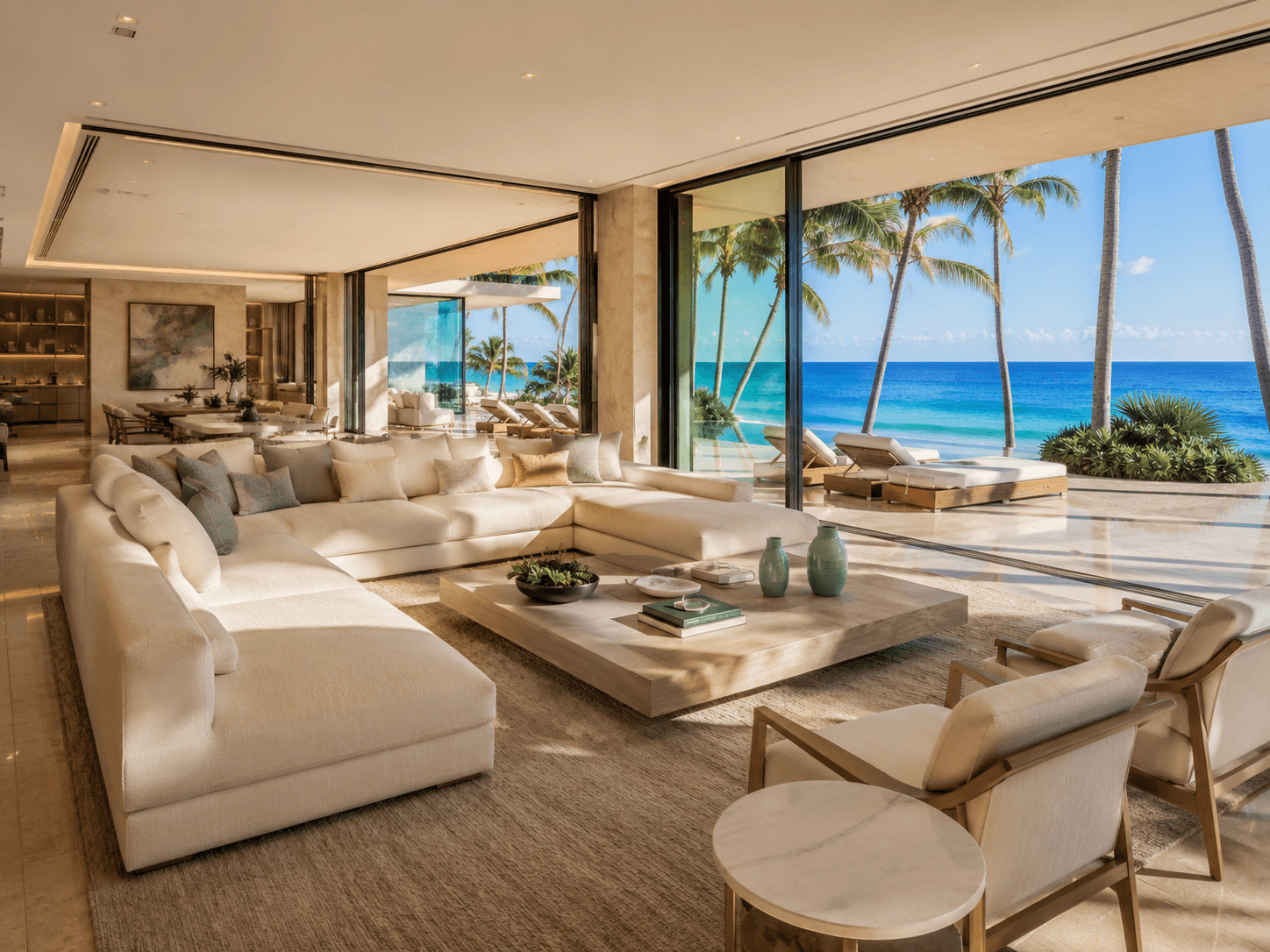 Luxury Miami living room with neutral modern furniture, floor-to-ceiling glass windows, palm trees, and an ocean view.