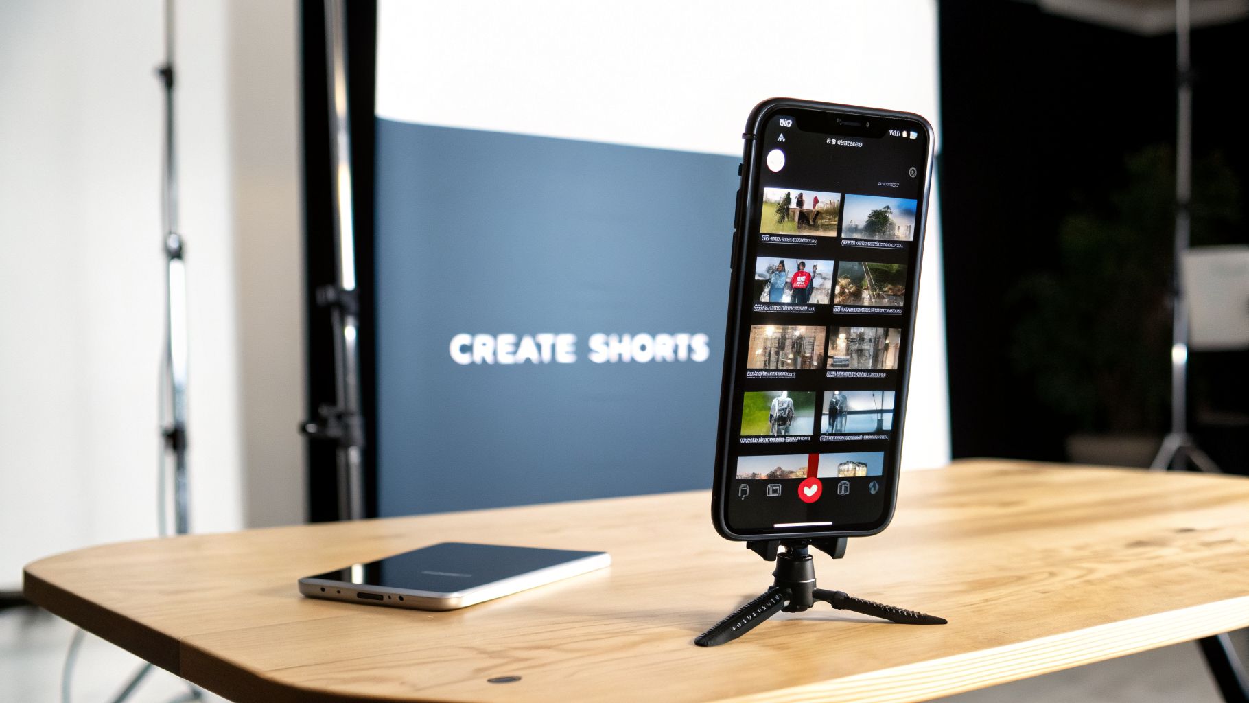 A smartphone displaying video thumbnails on a tripod, with another phone and 'CREATE SHORTS' banner.