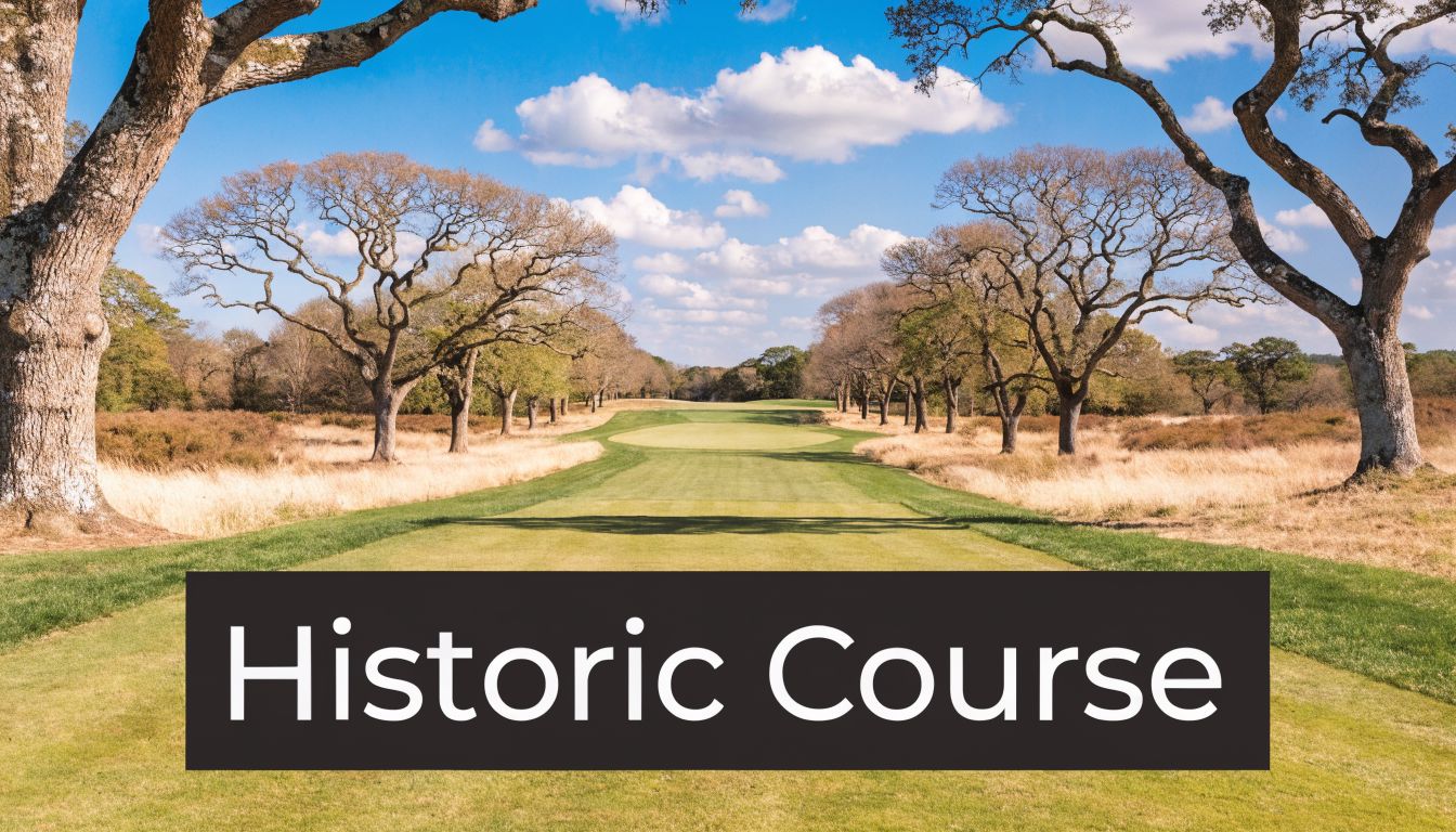 A scenic view of a tree-lined golf course fairway with the words Historic Course overlayed below.