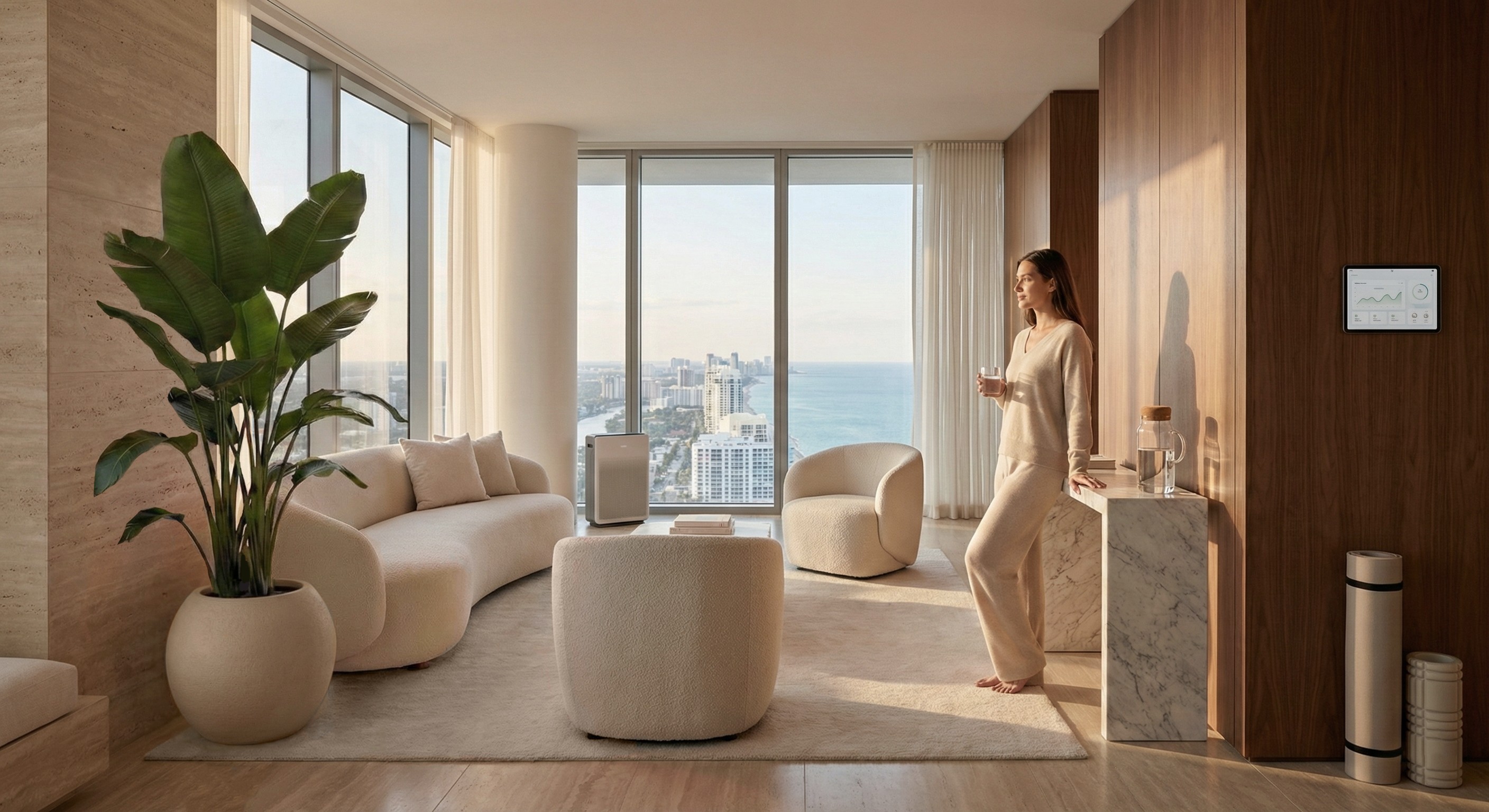 Sunlit modern lounge with curved cream seating, a large indoor plant, and floor-to-ceiling windows overlooking the ocean