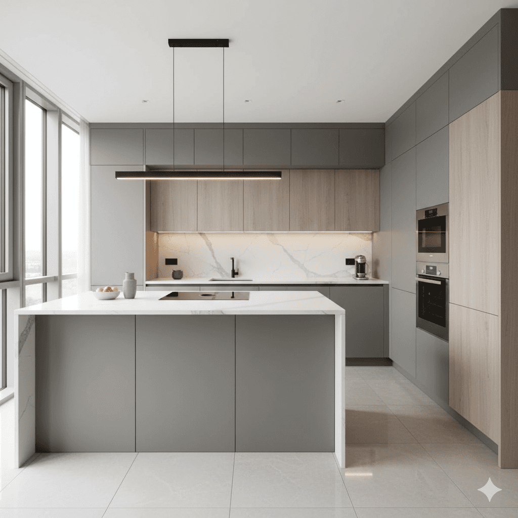 Sleek grey and wood European modular kitchen design, M3M Sector 79 property